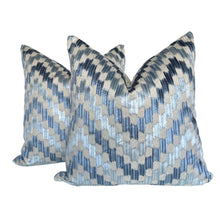 Load image into Gallery viewer, Blue Silk Flamestitch Chevron Velvet Pillow Covers- PAIR