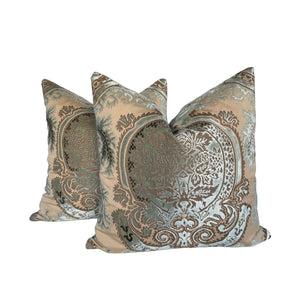 Medallion Silk Velvet- Aqua/ Taupe Pillow Covers-PAIR
