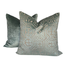 Load image into Gallery viewer, Aqua Geometric Cut Velvet Pillow Covers- PAIR