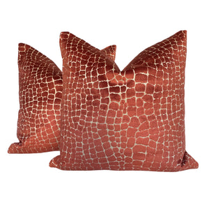 Rust Crocodile Cut Velvet Pillow Covers- PAIR