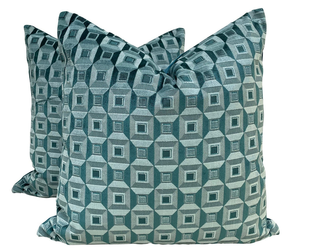 Teal Geometric Cut Velvet Pillow Covers-PAIR