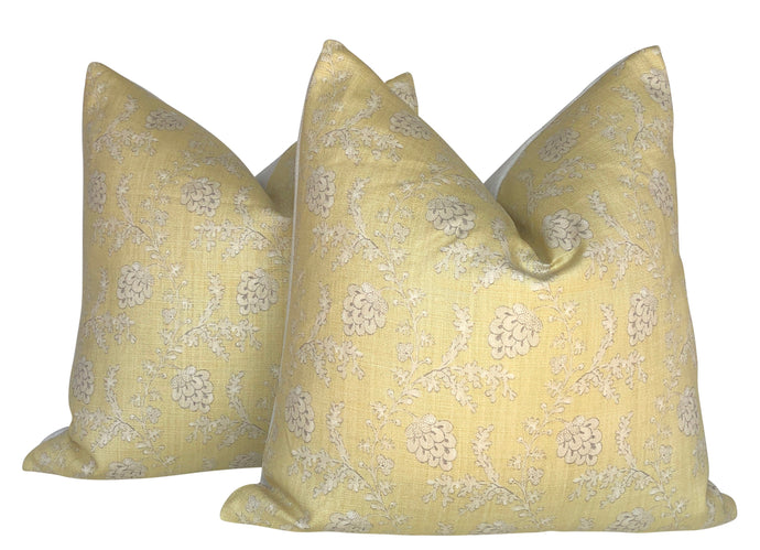Soft Yellow Floral Printed Linen Pillow Covers-PAIR