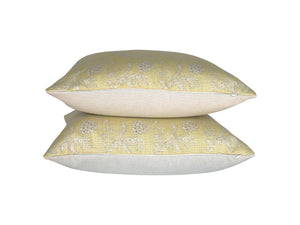 Soft Yellow Floral Printed Linen Pillow Covers-PAIR