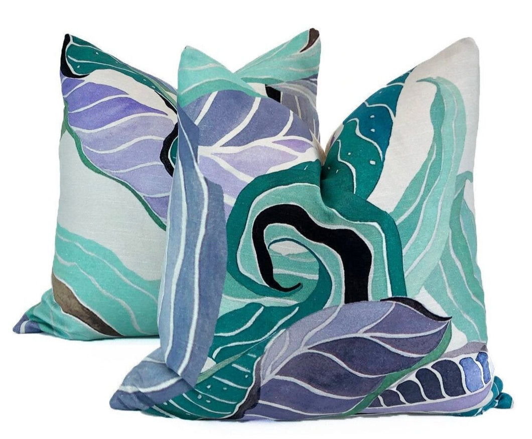 Teal and Periwinkle Abstract Floral Pillow Covers- PAIR